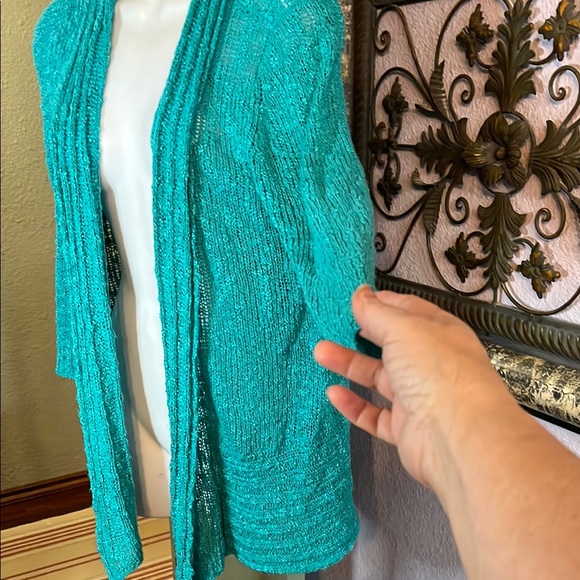 FeverTurquoise Sweater- knubby textured open cardigan Sz L - Picture 5 of 11